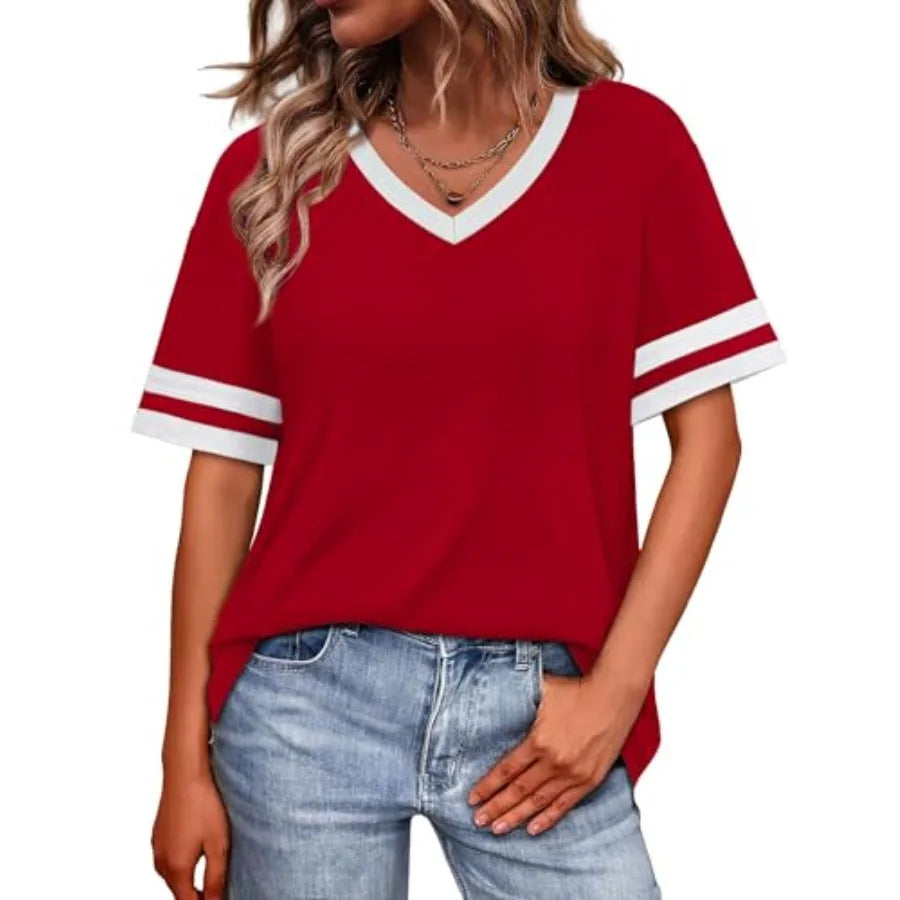 Womens T Shirts Loose Fit Short Sleeve Tees V Neck Color Block Summer Tops 26 Fashion S4XL LadyShow.Store