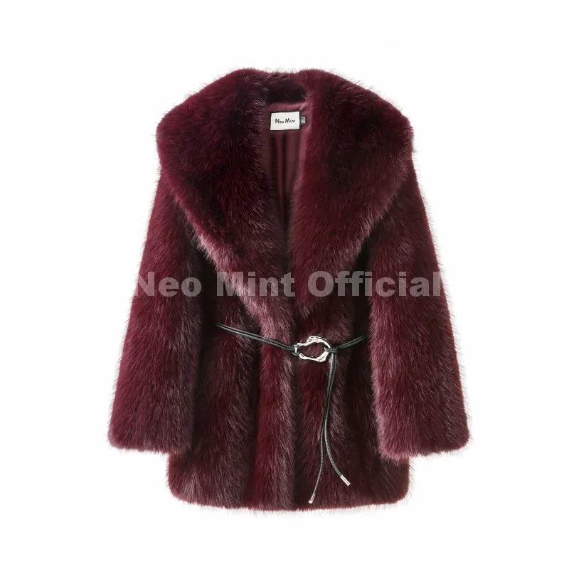 Neo Mint 2025 Winter Hot Brown Belted Faux Fur Coat Women Thick Warm Long Fox Fur Jacket Chic Brand Fashion Girls Furry Overcoat LadyShow.Store