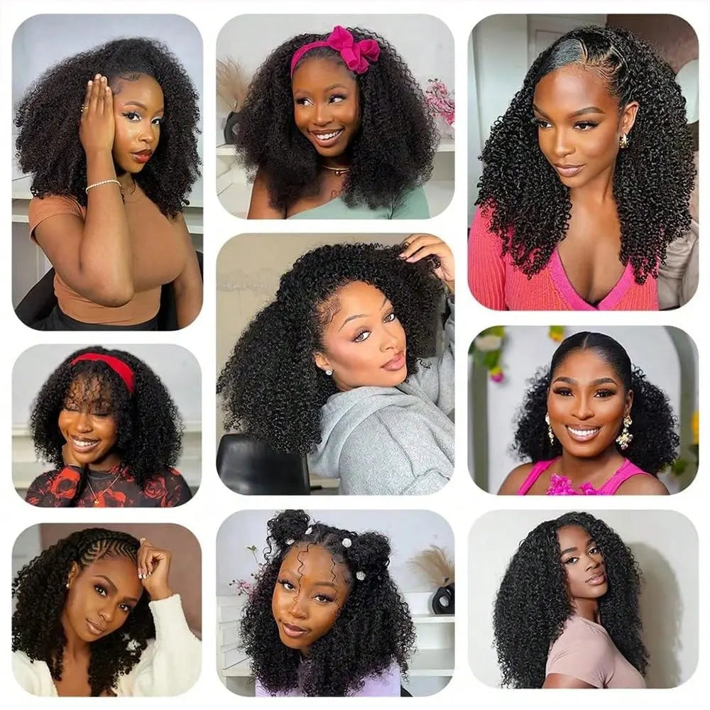 Jerry Curly Half Wig Human Hair Seamless Kinky Curly 3 In 1 Half Wig  Glueless  Heandband Clip In Wig No Sew In Black Color LadyShow.Store