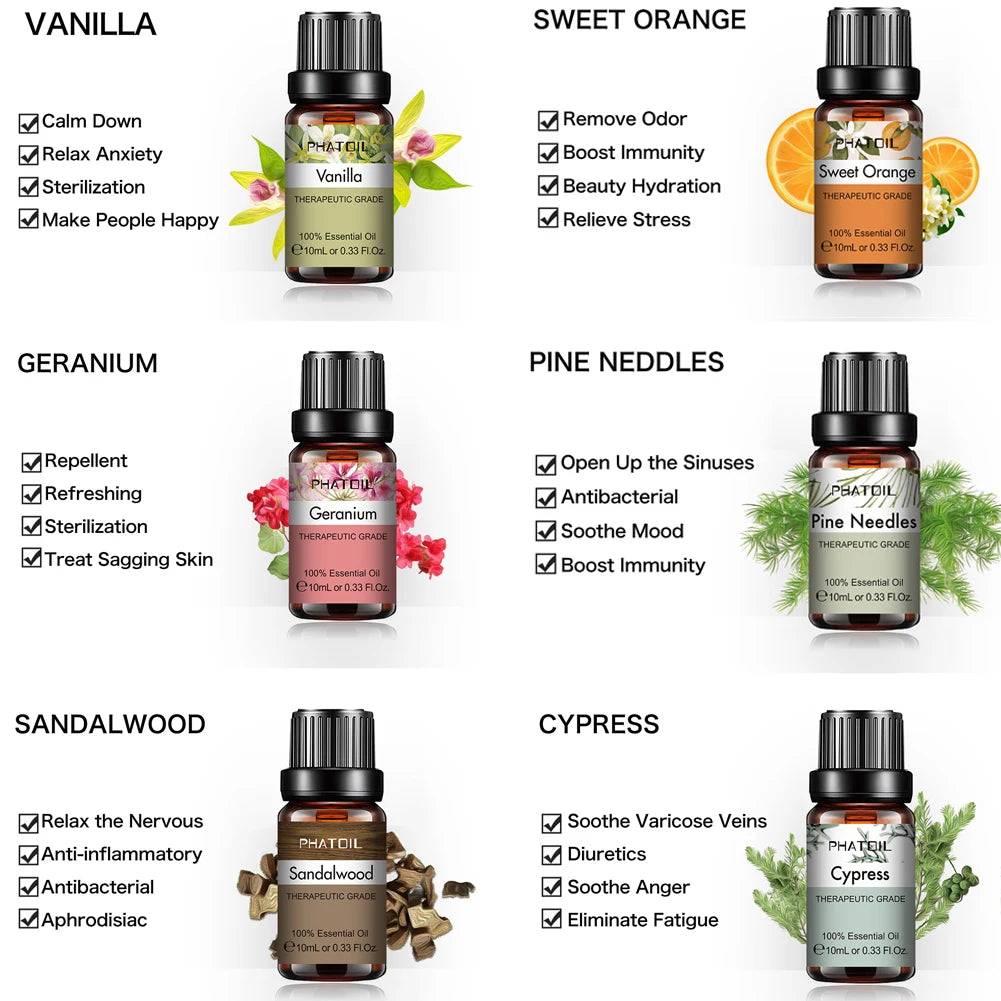 PHATOIL 10ml Ginger Essential Oil for Perfume Candles Making Spa Massage Humidifier Rose Jasmine Pine Needles Tangerine Thyme Pi-Mart