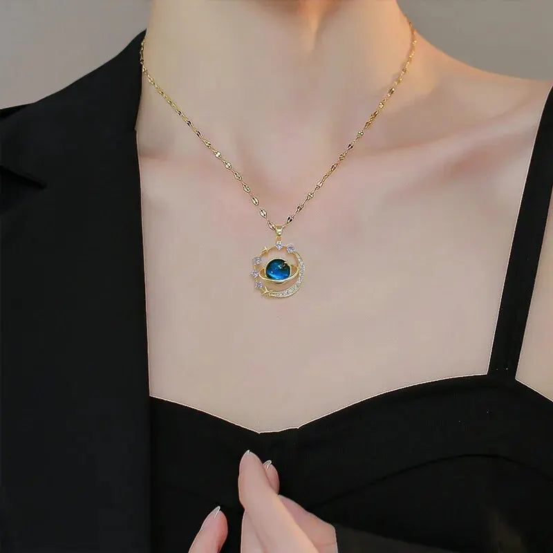 Stainless Steel Clavicle Chain Exquisite Starry Sky Planet Light Luxurious Temperament Gorgeous Necklace Star and Moon Versatile Pi-Mart