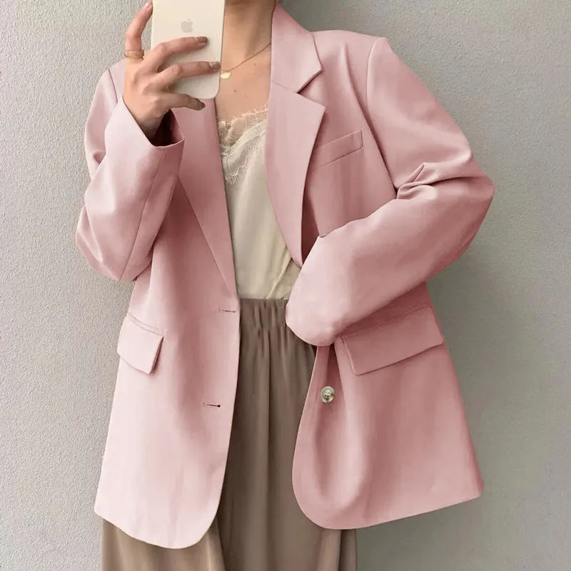 Mid Length Blazer Jacket Women Solid Long Sleeve Pocket Lapel Single Beasted Formal Coat Outerwear Loose Work Casual Blazers Pi-Mart