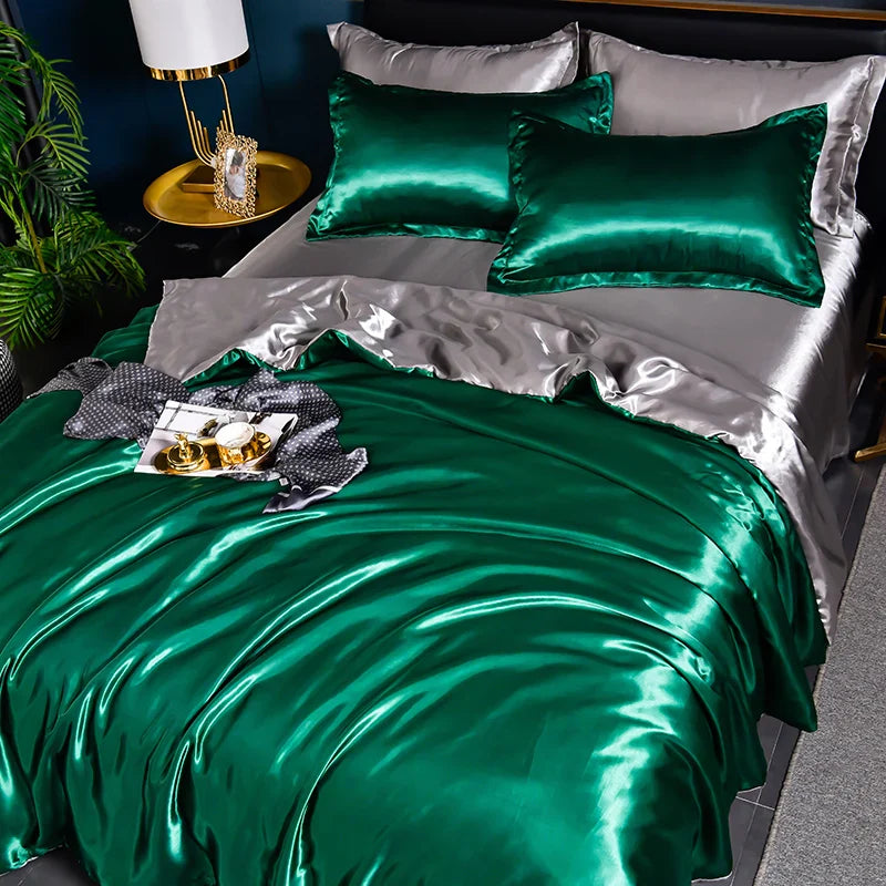 A/B Double-Sided Color Bedding Set Silky Satin Duvet Cover Bed Sheet Pillowcase Luxury Bedsheet King Queen Double Twin Size LadyShow.Store