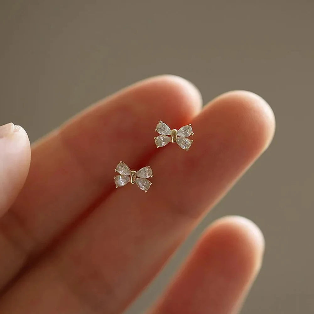 Gold Color Metal Bar Round Cubic Zirconia Stone Earrings Stud For Women Bowknot Shape CZ Post Earring Classic Sparkling Earring Pi-Mart