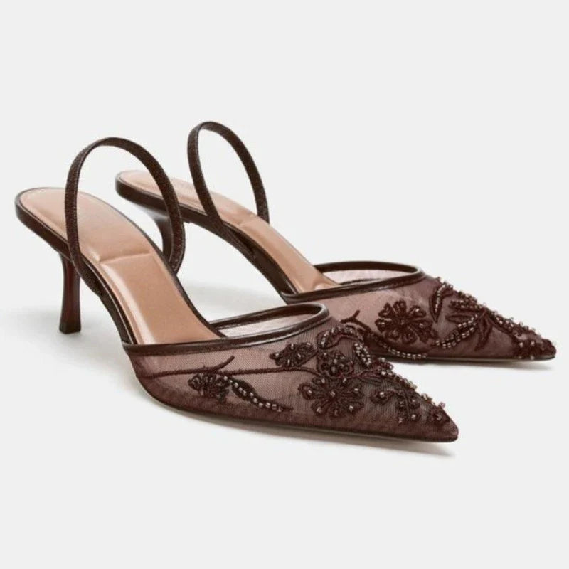 Sexy Pointed Toe Mesh Embroider High Heels for ladies Elegant String Bead pumps Summer Luxury Designer Shoe Brown Heeled Sandals LadyShow.Store