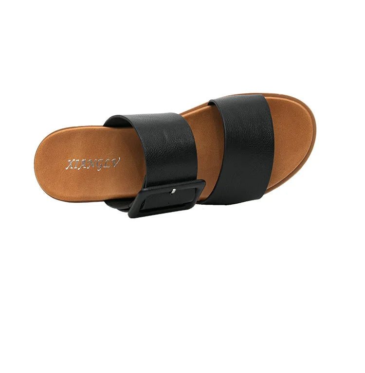 Adjustable Square Buckle Women Slide Sandals Two Strap Platform Slippers Low Heel Soft Sole Summer Open Toe Walking Casual Shoes Pi-Mart