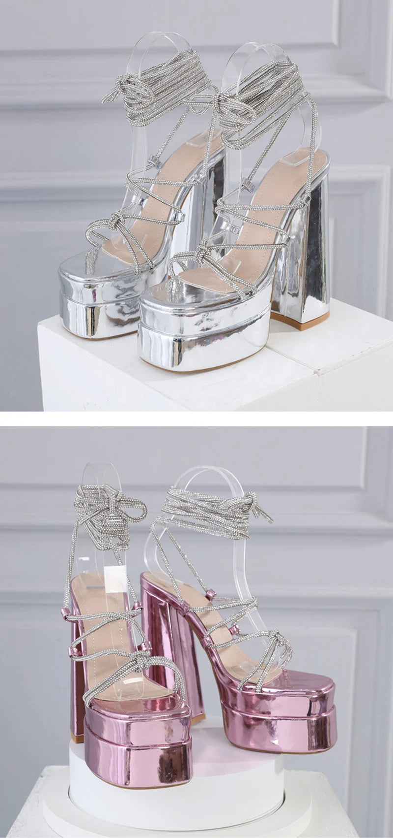 MM2025 New Arrival Rhinestone Embellished Knot T-Strap Heels Roman Peep-toe Summer Sandals Shiny Perfomance Anniversary Footwear Pi-Mart
