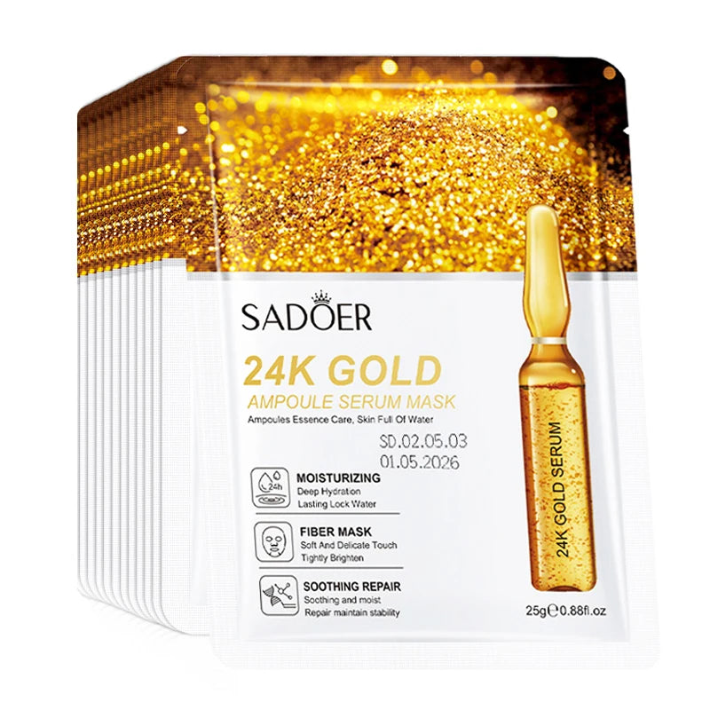 10pcs SADOER 24K Gold Vitamin C Hyaluronic Acid Face Mask Facial Moisturizing Firming Hydrating Facial Masks Skin Care Products Pi-Mart