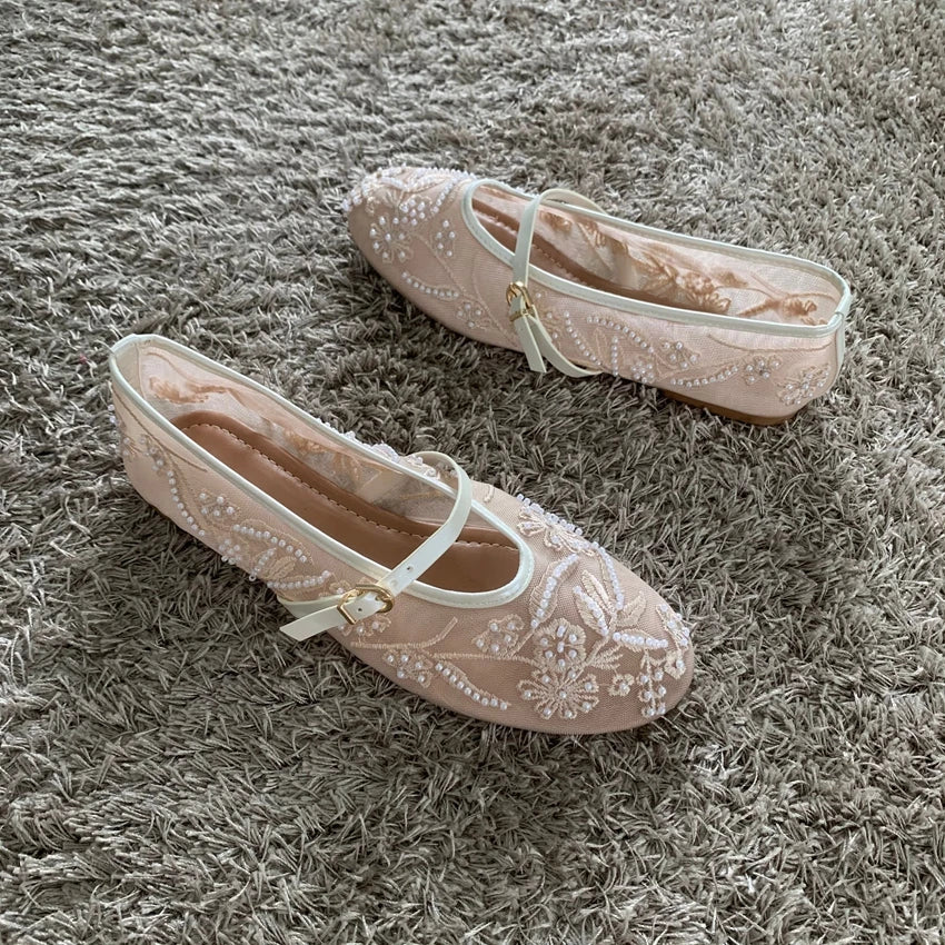 Mesh Embroidery String Bead Design Women Ballet Flats Fashion Buckle Breathable Mary Jane Shoe Comfort Low Heel Soft Flat Sandal LadyShow.Store