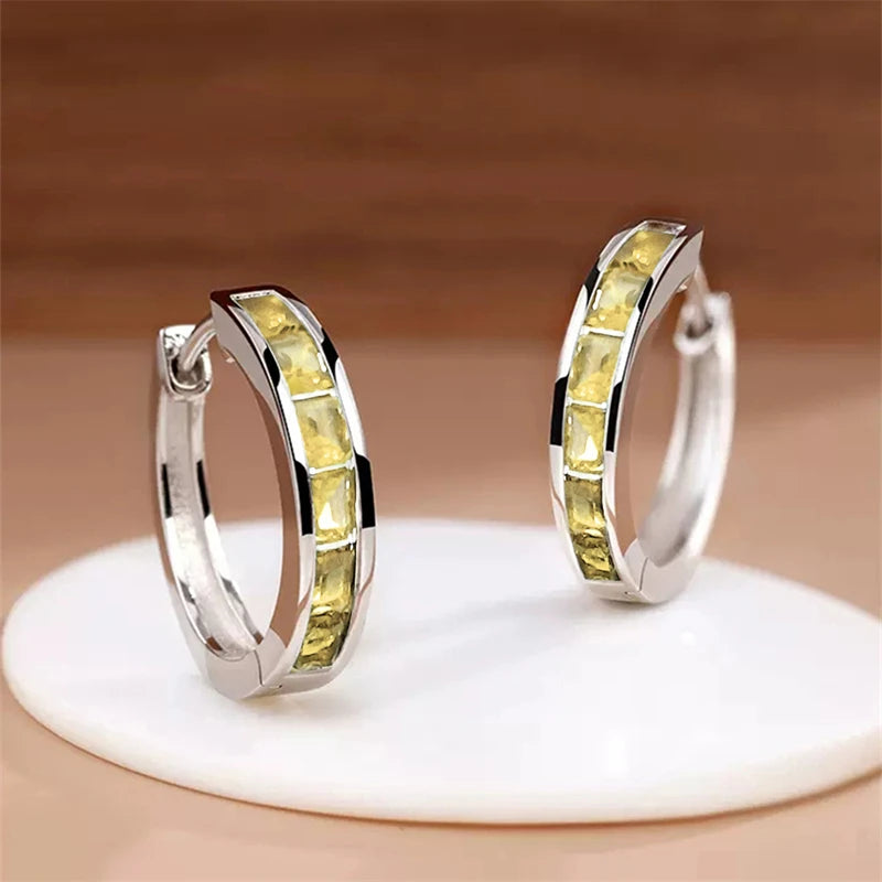 Huitan Hoop Earrings with Princess Cubic Zirconia Exquisite Ear Circle Earrings for Women Silver Color Fashion Versatile Jewelry Pi-Mart