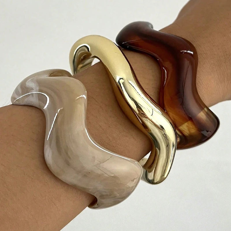 3Pcs Irregular Wavy Cuff Bangle Set For Women Resin Chunky Wave Bracelets Minimalist Stackable Wristband Trendy Jewelry Gift New Pi-Mart
