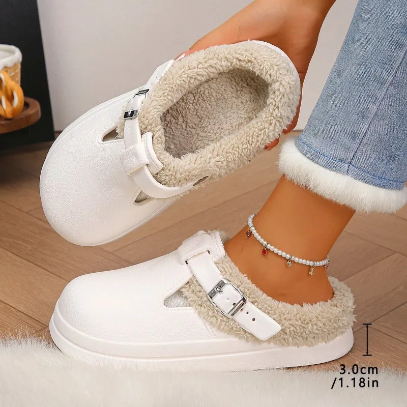 Waterproof Eva Furry Mules Slippers Women 2025 Winter Metal Buckle Warm Plush Slippers Soft Thick Bottom Non Slip Indoor Slides LadyShow.Store
