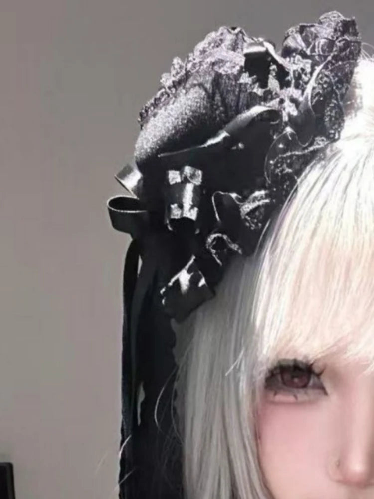 Gothic Lolita Lace Patchwork Headdress Women Cosplay Party Headband Gothic Bow Hat Japanese Y2k Aesthetic Hair Accessories Pi-Mart