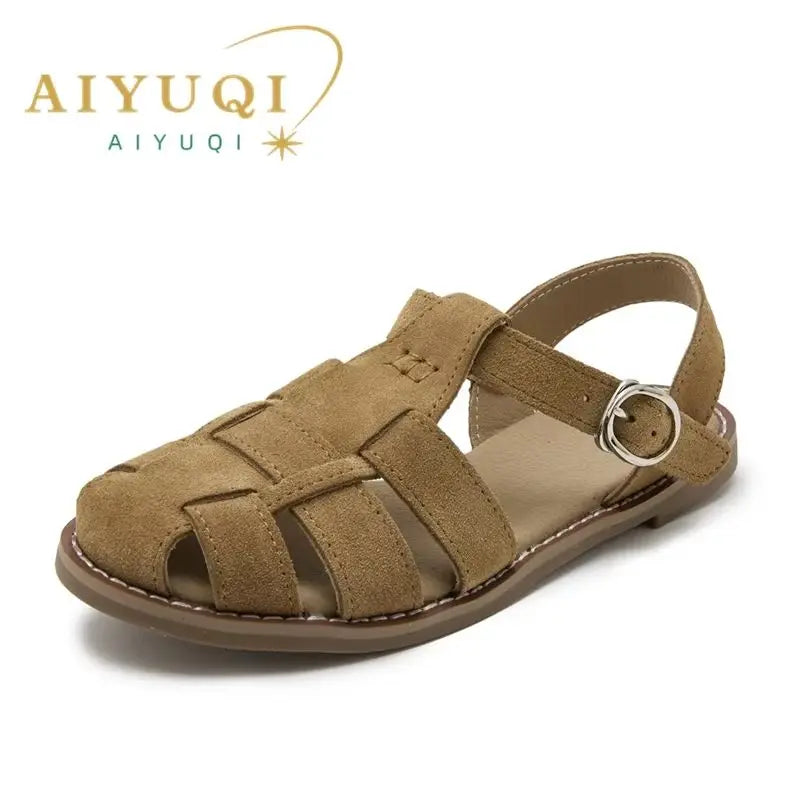 AIYUQI Flat-soled Retro Genuine Leather Hollow Baotou Sandals Women's 2026 New Hollow Pig Cage Women's Sandals LadyShow.Store