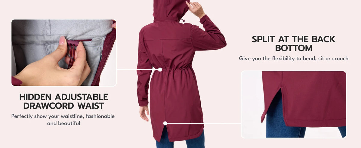 TACVASEN Women's Long Hooded Jacket Fleece Lined Softshell Jacket Waterproof Windproof Hiking Jacket Rain Coat Windbreaker Parka Pi-Mart