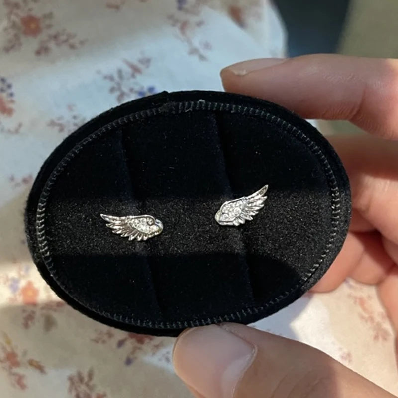 Fashion Zircon Wing Stud Earrings for Women Luxury Shiny Crystal Creative Angel Wings Cross Silver Color Ear Studs Jewelry Gifts Pi-Mart
