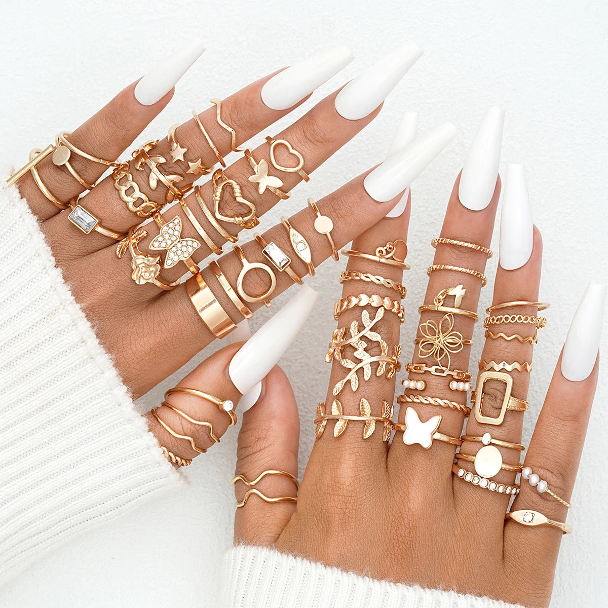 58PCS Vintage Heart Snake Butterfly Rings Set for Women Fashion Metal Gold Plated Geometric Hollow Finger Ring Jewelry Gifts New Pi-Mart