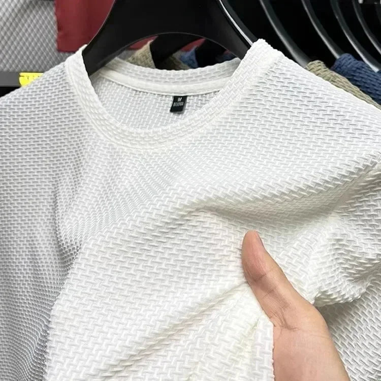 Men's Short Sleeve Mesh Bamboo Ice Silk T-shirt Casual Versatile Summer Elastic Slimming Top for Men Pi-Mart