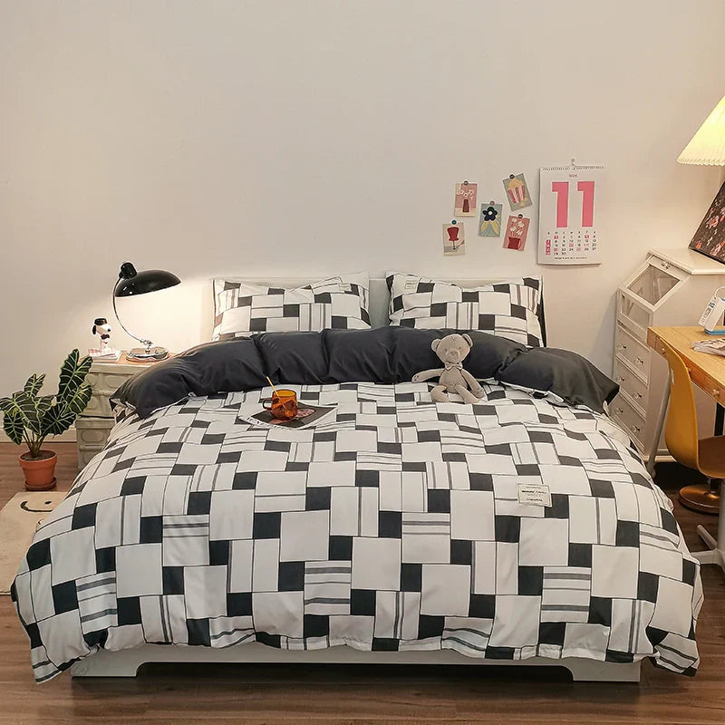 Checkerboard Bedding Comforter Set with Pillowcase bed sheet Single Full Size Bed Linen Duvet Cover Set Queen/King Double Single LadyShow.Store