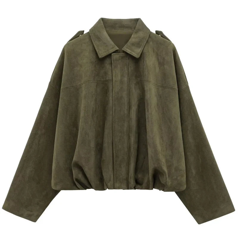 HXAO Women's Bomber Jacket Lapel Long Sleeve Zipper Suede Jacket Women 2025 High Street Cropped Racing Jackets Coats Outerwears LadyShow.Store