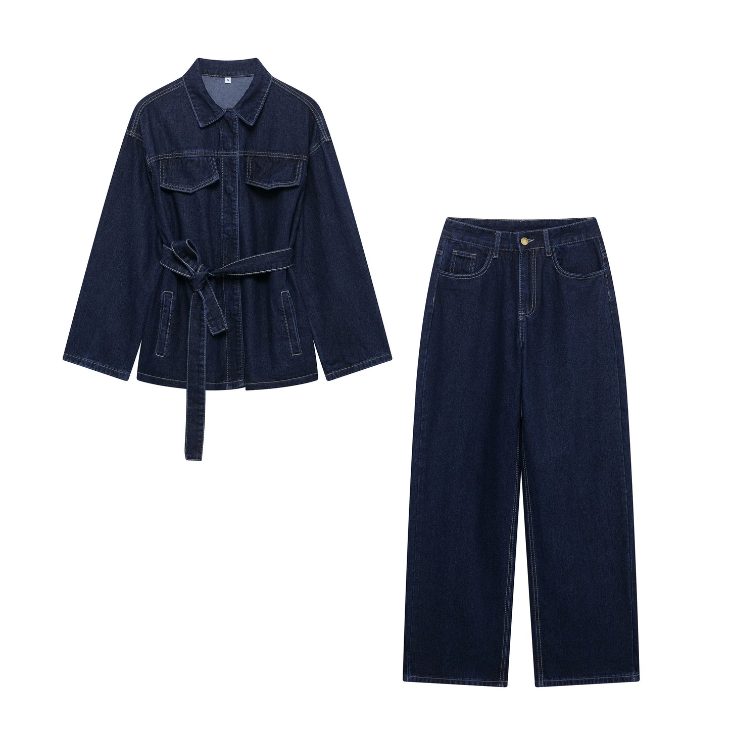 DUOPERI Women Fashion 2 Pieces Sets With Belt Denim  Jackets & Vintage Front Zipper Jeans Trousers Feamle Chic Lady Pants Sets LadyShow.Store