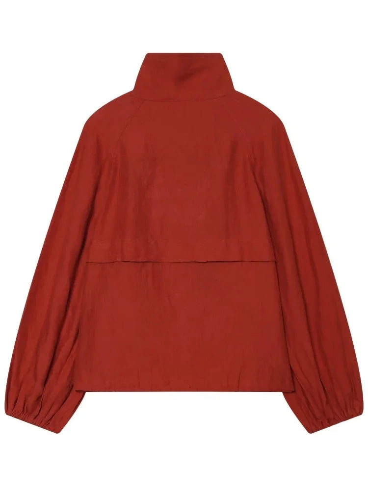 AACHOAE Women High Neck Lightweight Jacket Casual Long Sleeve Windbreaker Coat Drawstring Hem Button Front Short Outerwear Pi-Mart