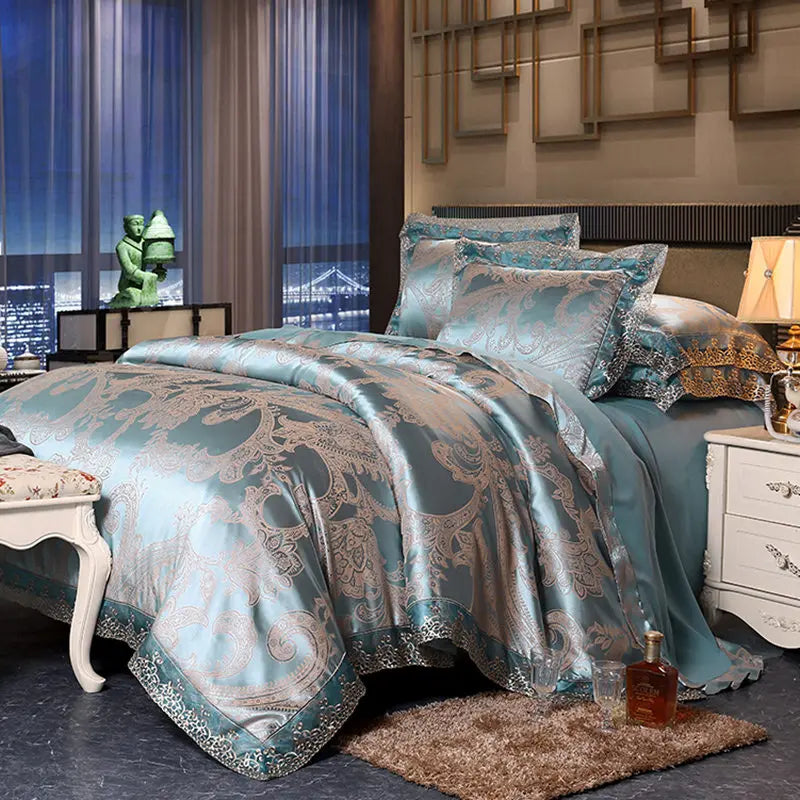 Luxury Jacquard Bedding Set Tencel Modal Duvet Cover 4PCS with Lace Satin Bed Sheet Pillowcases King and Queen Size Home Textile LadyShow.Store