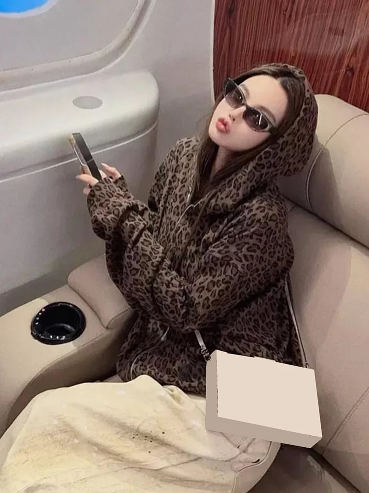 Y2K Leopard Print Hooded Jacket Women Full Zip Drawstring Hood Long Sleeve Loose Fit Streetwear Street Club Ladies Outerwear Pi-Mart