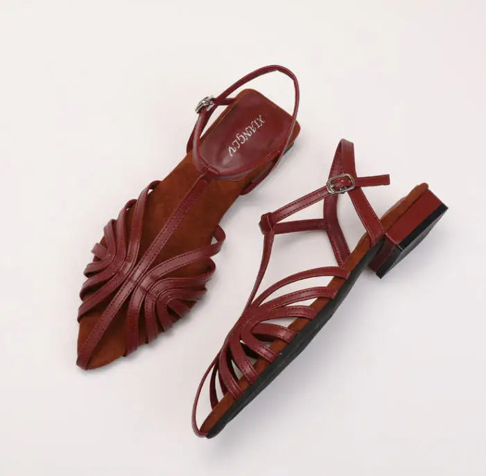ZAROY Women Roman Sandals Summer Low Heel Ankle Strap Buckle Sandals Pointed Toe Hollowed Out T-strap Sandalias сандали LadyShow.Store