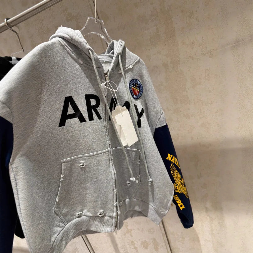 PROJECT G/R 2026 Patchwork ARMY Vintage Damaged Cardigan Pullover Men Women Best Quality Hoodie LadyShow.Store