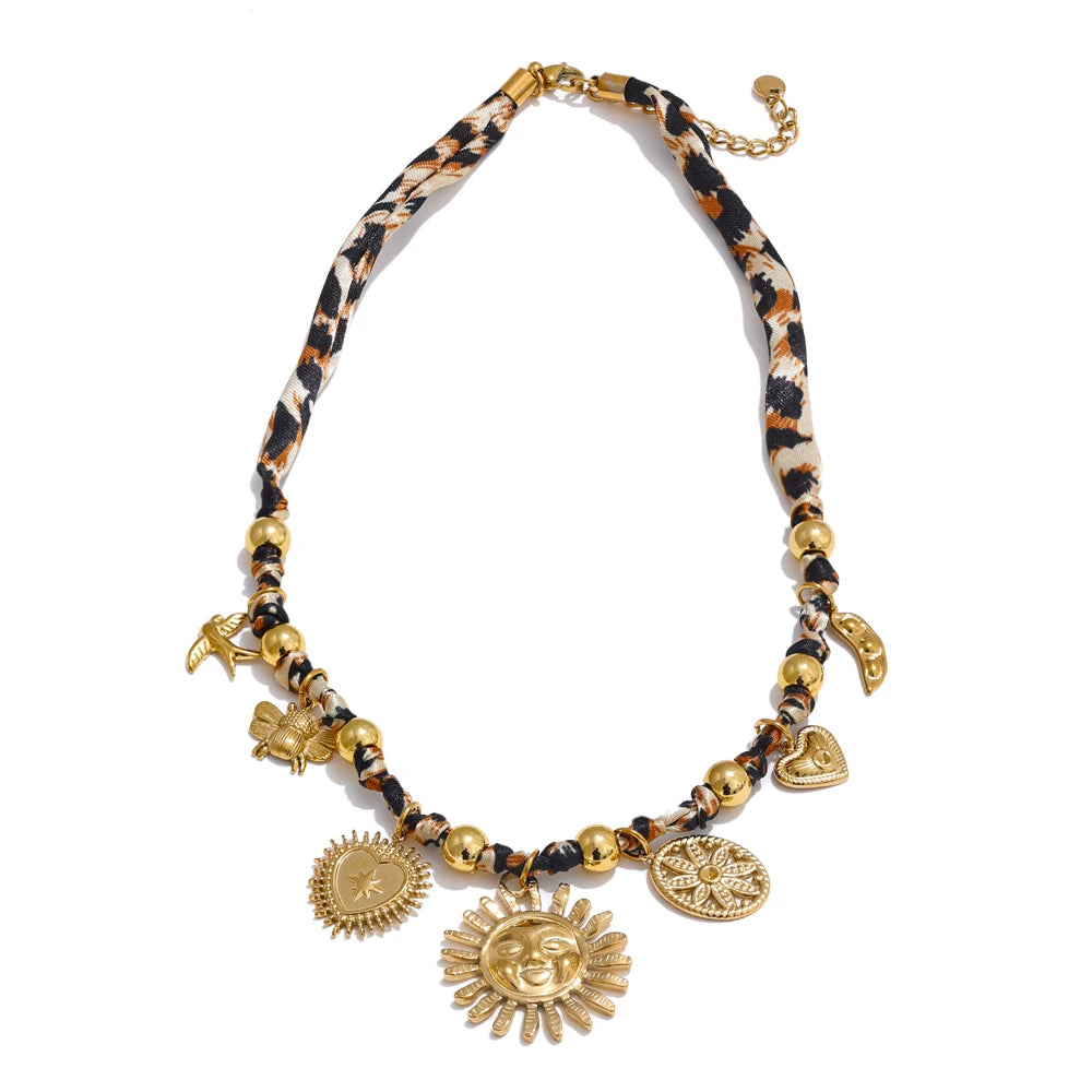 Yhpup Popular Stainless Steel Leopard Polyester Sun Flower Heart Insect Drop Collar Necklace 18K PVD Plated Fashion Jewelry Gift Pi-Mart