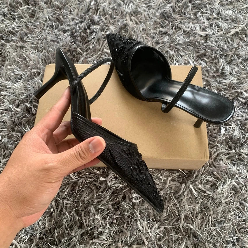 Black Embroidered Mesh Slingback High Heels Sandals for Women Designer Shoes Woman Elegant Style Wedding Party Pumps LadyShow.Store