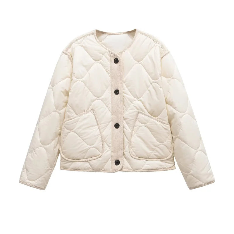 ETJ 2025  Spring new women's vintage crewneck quilted cotton-padded loose version of quilted casual jacket LadyShow.Store