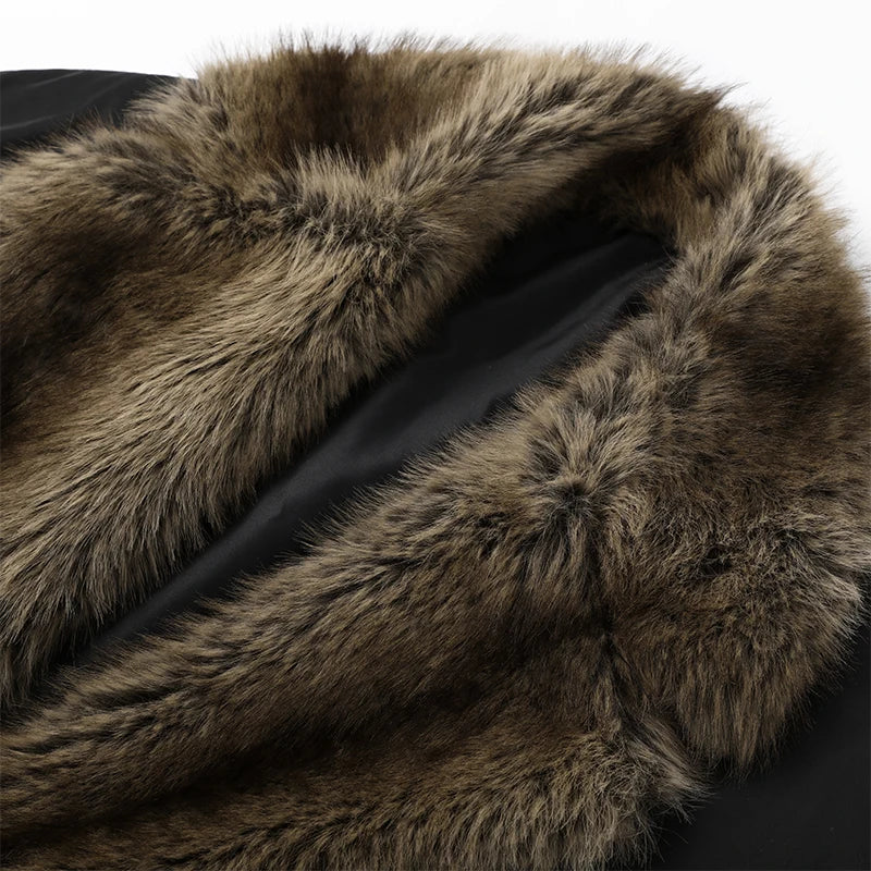 Fashion Faux Fur Patchwork Cotton Coat Women Lapel Zipper Pocket Cropped Street Warm Jacket 2026 Winter Lady Puffer Jackets New Pi-Mart