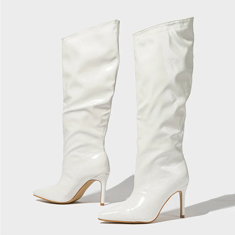 Liyke Fashion Runway Pleated Patent Leather Boots Female Pointed Toe Stiletto Heels Pumps Autumn Winter Knee High Shoes Women Pi-Mart