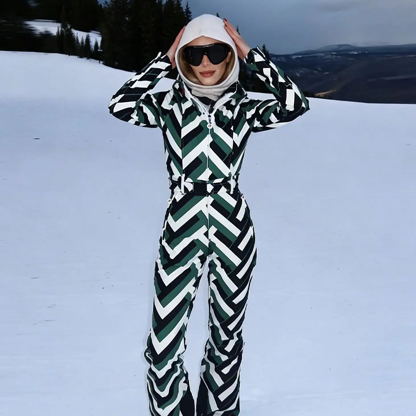 Camouflage Stripes Ski Wear Jumpsuit Sets High Collar Windproof Hooded Puff Jacket Warm Pant 2026 New Lady Snow Sportwears LadyShow.Store