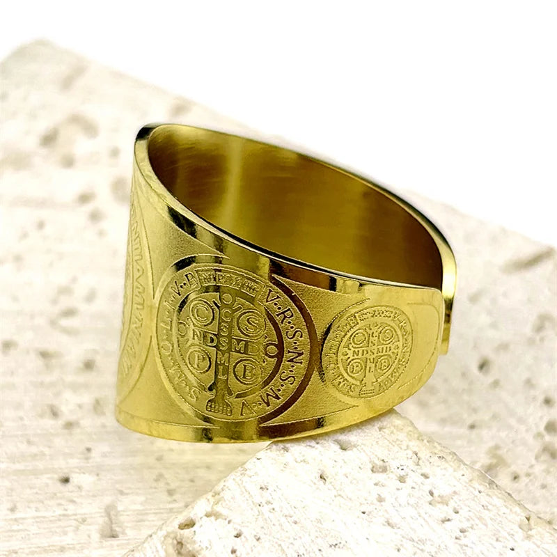 Catholic Saint Benedict Medallion Adjustable Rings for Women Men Stainless Steel Open Finger Ring Amulet Jewelry San Benito Pi-Mart