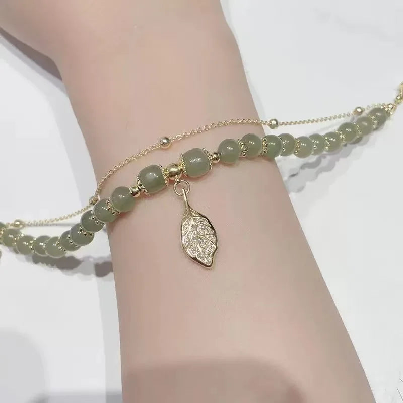 Luxury Love Gold Hotan Jade Lady Bracelet, Leaf Love Double Layer Girl Bracelet Jewelry Gifts Pi-Mart