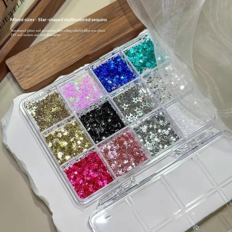 *12 Grids Mixed Mini Circular Colorful Nail Glitter Wave Point Sequin Sparkling Flower DIY Nail Decoration Nail Charms Pi-Mart