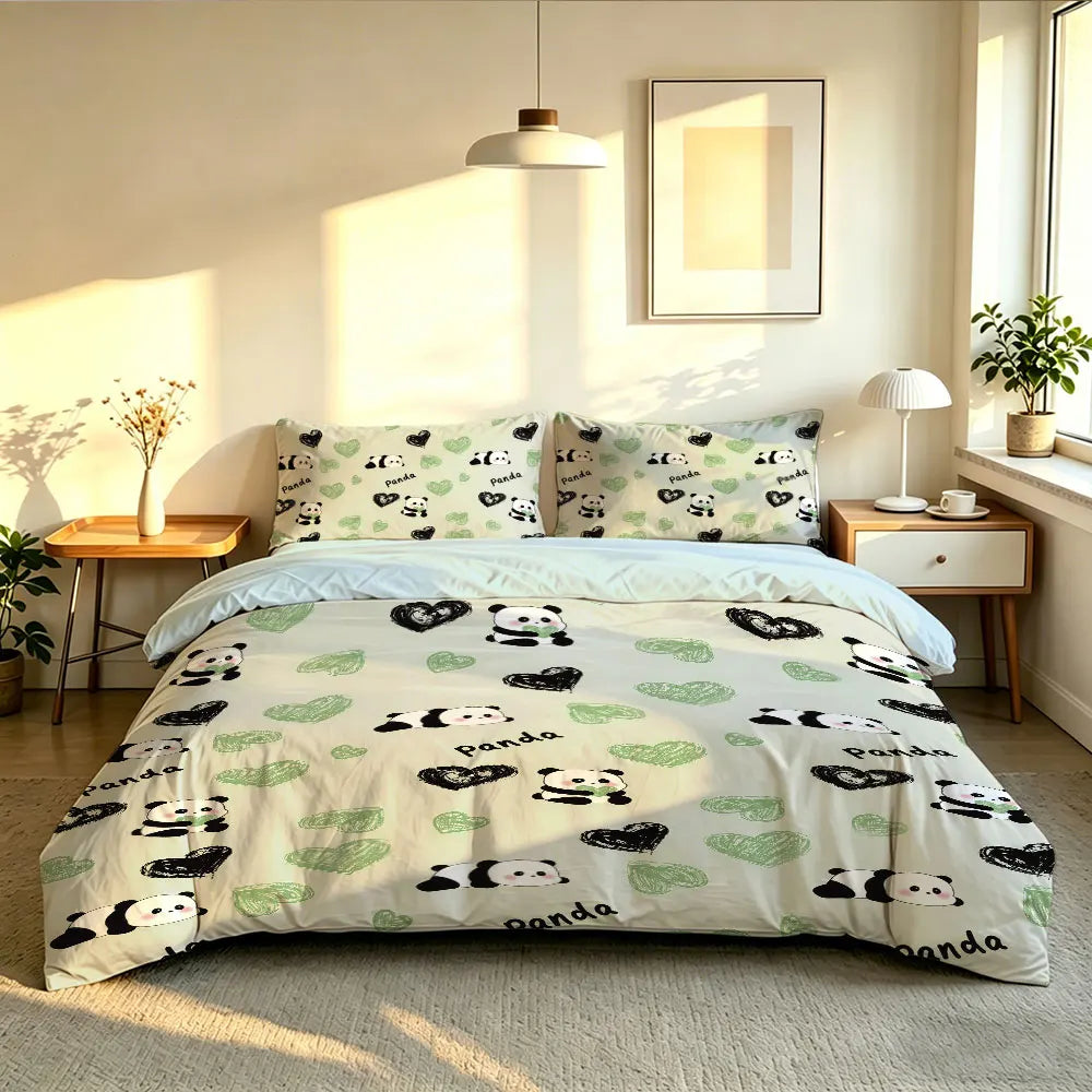 3pcs Cartoon Panda Print Coreless Duvet Cover Cool Summer Lightweight Bedding Set Multi Size Bedroom Bedding Decoration Pi-Mart