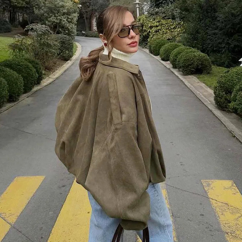 HXAO Women's Bomber Jacket Lapel Long Sleeve Zipper Suede Jacket Women 2025 High Street Cropped Racing Jackets Coats Outerwears Pi-Mart