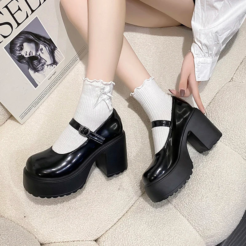 Black Super High Heels Mary Jane Shoes Women 2026 Goth Chunky Platform Pumps Woman Plus Size Ankle Buckle Party Lolita Shoes 42 Pi-Mart