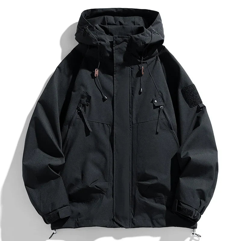 Windbreakers Men Hooded Jacket Zipper Coat Cargo Waterproof Black Bomber Camping Loose Thin Softshell Hooded Hiking Jacket LadyShow.Store