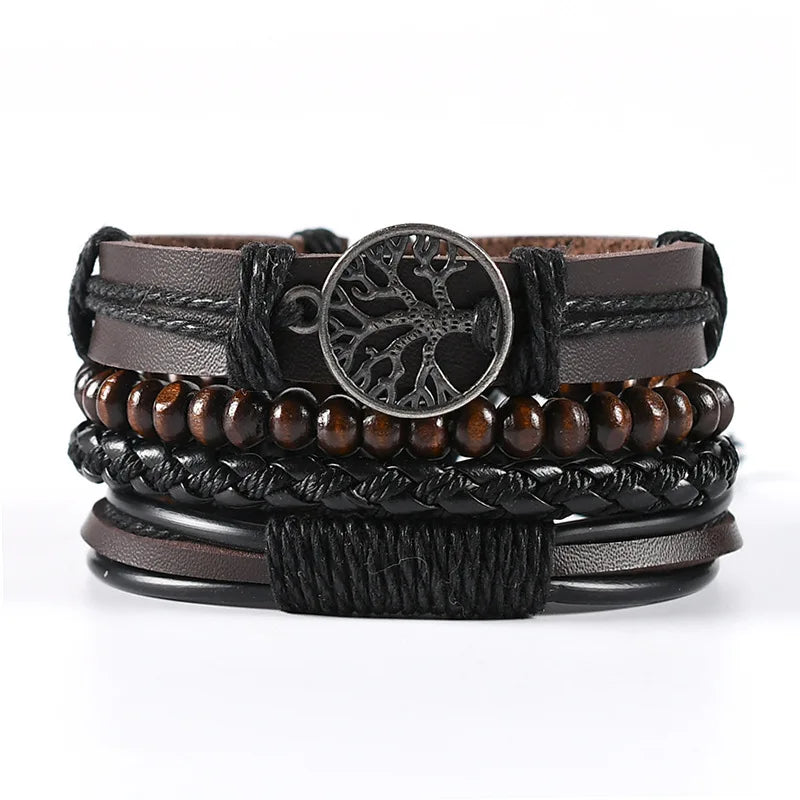 4Pcs/ Set Braided Wrap Leather Bracelets for Men Vintage Life Tree Rudder Charm Wood Beads Ethnic Tribal Wristband Rope Bracelet Pi-Mart