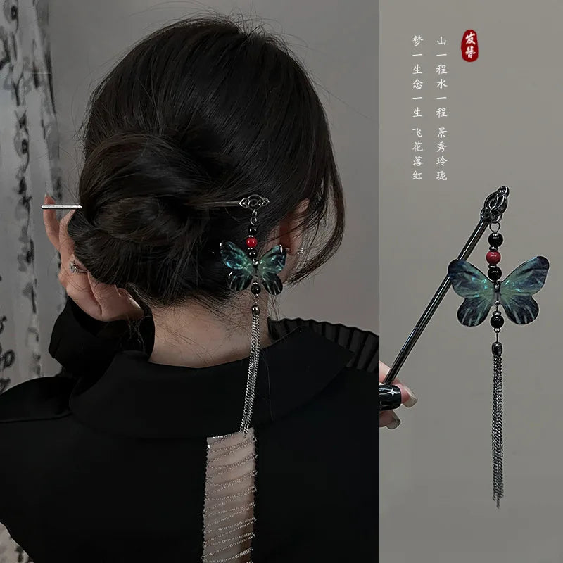 Ancient Chinese Style Elegant Butterfly Tassel Hair Stick for Women Girls Classical Hairpin Chinese Hair Accessories Jewelry Pi-Mart