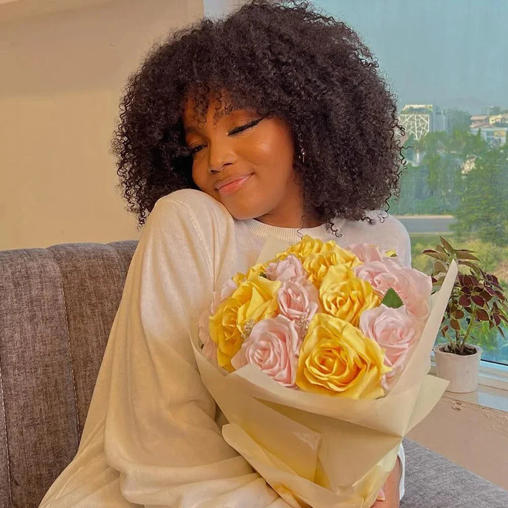 Afro Kinky Curly Human Hair Wig With Bangs For Black Women 180% Density Glueless Brazilian Remy Full Machine Made Hair Yarra LadyShow.Store