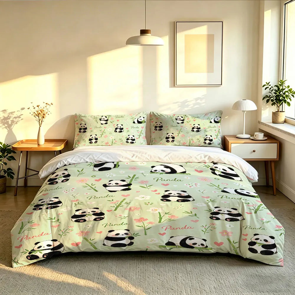 3pcs Cartoon Panda Print Coreless Duvet Cover Cool Summer Lightweight Bedding Set Multi Size Bedroom Bedding Decoration Pi-Mart