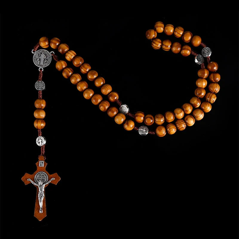 Christian 10MM Wood Beads Rosary Cross Necklace For Women Virgin Mary INRI Pendant Long Chain Men Religion Jewelry Pi-Mart