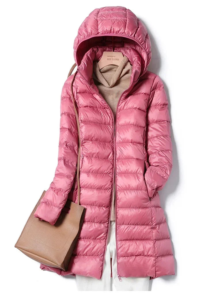 Plus Size Winter Womens Fashionable Outerwear Down Jackets Long Light Thin Coat Puffer Jacket Korean Slim Remove Hooded Parka LadyShow.Store