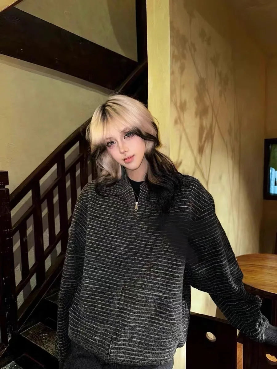 2000S American Vintage Striped Loose Long Sleeve Hooded Sweatshirt Y2k Subculture Casual Zip Up Hooded Cardigan Harajuku Coats LadyShow.Store